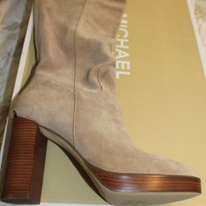 Suede over the calf boot light brown with wooden heel and bottom